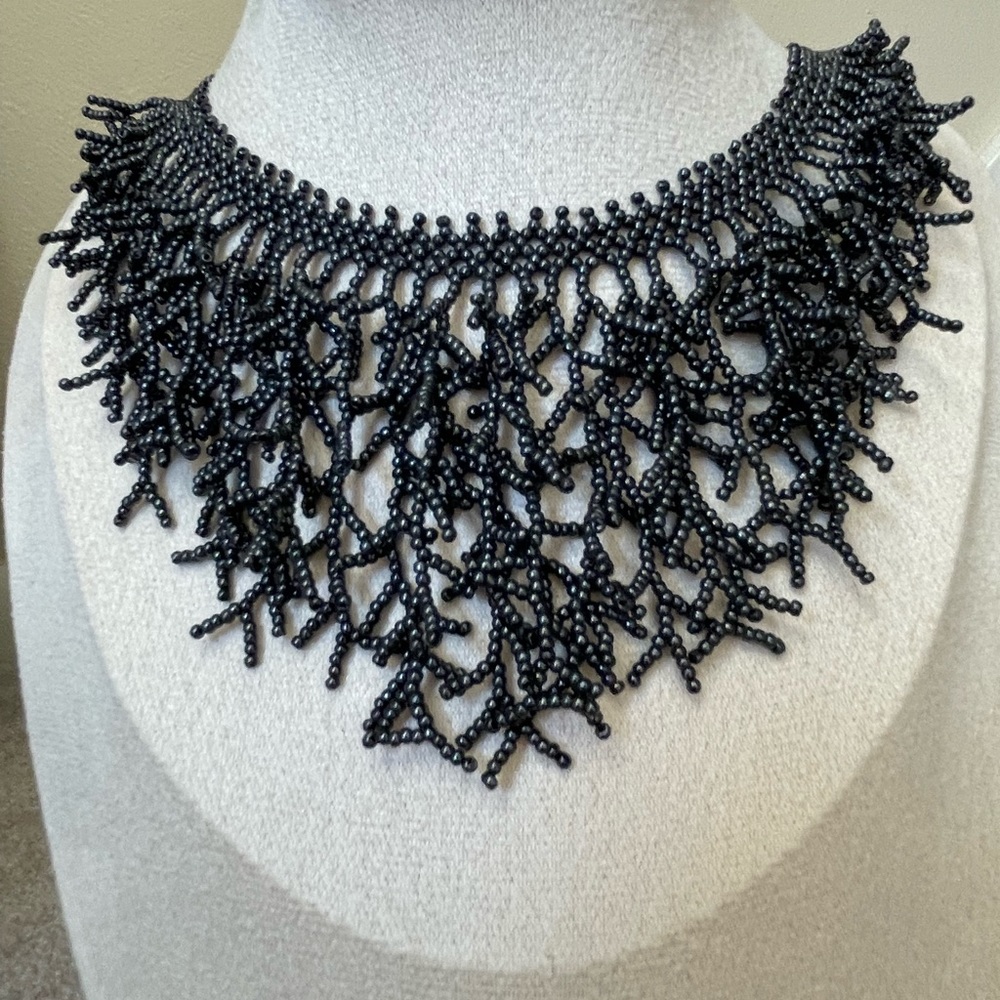 Black Fringe Necklace, Handmade, Handwoven Strand Choker, Halloween Jewelry